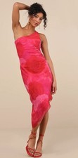 Lulus Pink Floral One-Shoulder Asymmetrical Midi Dress Women's Size Medium NWT!