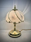 Vintage Gold Tone Accent Lamp 6 Swoop Blue Floral Glass Panels 12”  Plug In Read