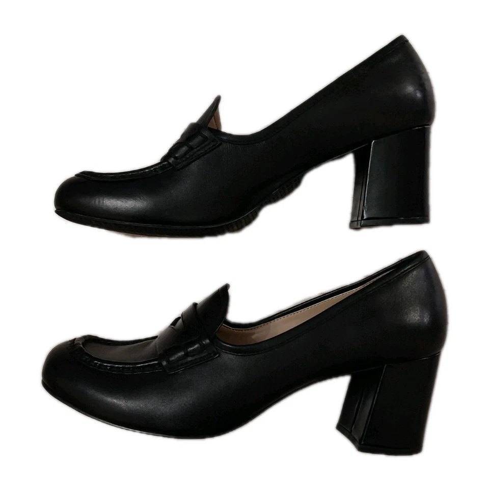 Zapatos de tacón Tahari Leslie de cuero negro para mujer talla 8,5 bloques mocasín Penny Foto 4 de 4