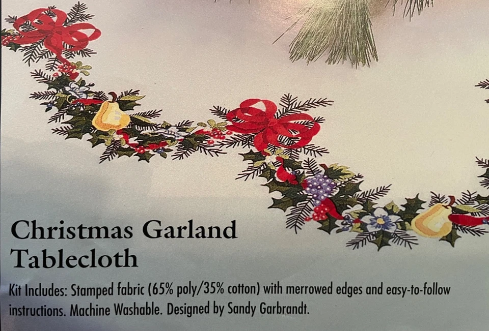 CHRISTMAS GARLAND TABLECLOTH Stamped (52 X 70 in) w/all Floss, Hoop - Bucilla - Image 4 of 4
