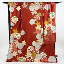 Red Long Sleeved Kimono L Size Silk Furisode 175cm Used
