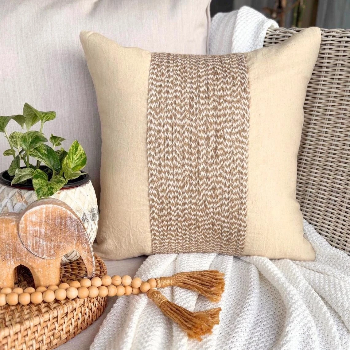 Sofa Pillow Case Beige 16"x16", Couch Decor Cotton Fabric - Linen Memories