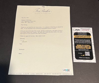 Fess Parker Hand Signed Letter  1998 on Winery & Vineyard Stationary