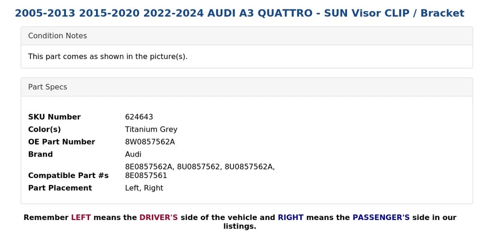 2005-2013 2015-2020 2022-2024 AUDI A3 QUATTRO - CLIP/soporte parasol Foto 4 de 4