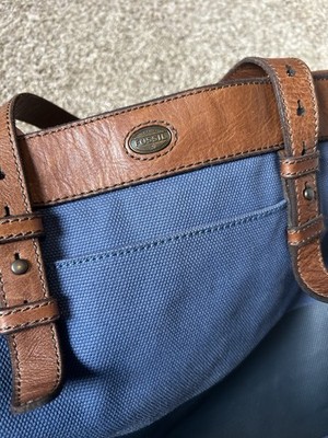 Fossil Estate Utility Shoulder Tote Bag Canvas Genuine Leather Trim Blue Key
