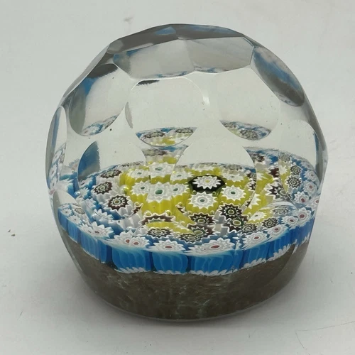 Vintage Murano Millefiori Large Faceted Art Glass Paperweight Gold Flecks Italy