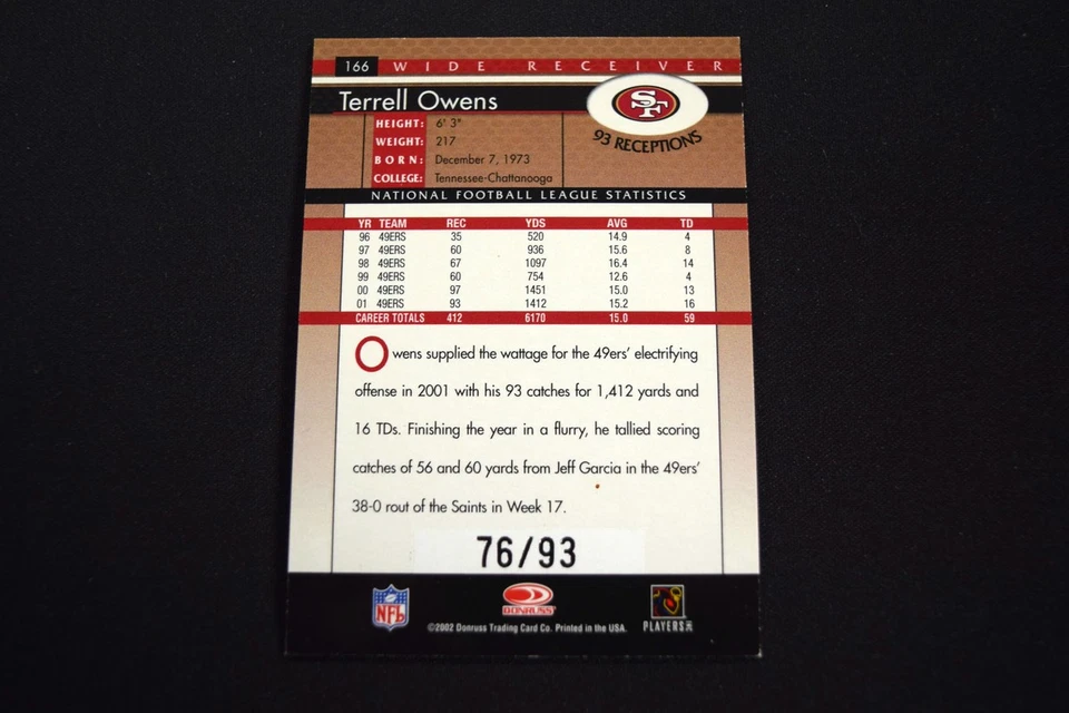 Terrell Owens 2002 Donruss #166 Season Stat Line /93 Parallel Rainbow Foil 49ers - Image 2 of 2