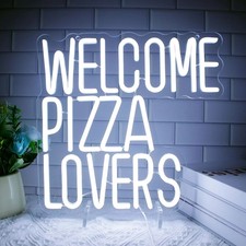 16"x16" Welcome Pizza Lovers White LED Neon Sign With Dimmer USB Powered Light