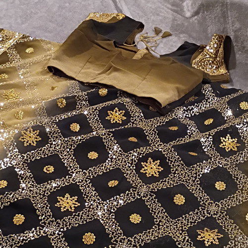 Black and Gold Sequin Sari Saree with Matching Blouse for Women, Free Size