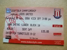 Ticket- STOKE CITY v LEEDS UNITED, Coca Cola Championship, 30 December 2006