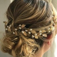 15.75 inch Gold Wedding Leaf Hair Vine Bridal Pearl Headpiece Headbands