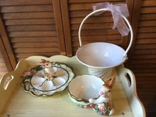 3 Pc. EASTER LOT DEVILED EGG SERVER, DIP/CANDY DISH/BOWL &TELAFLORAL BASKET EUC