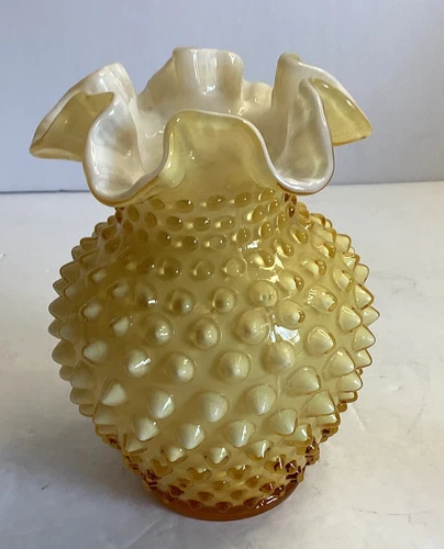 Fenton Vase Honey Amber Hobnail Cased Overlay 6 Inches 1960s No 3856 Vintage