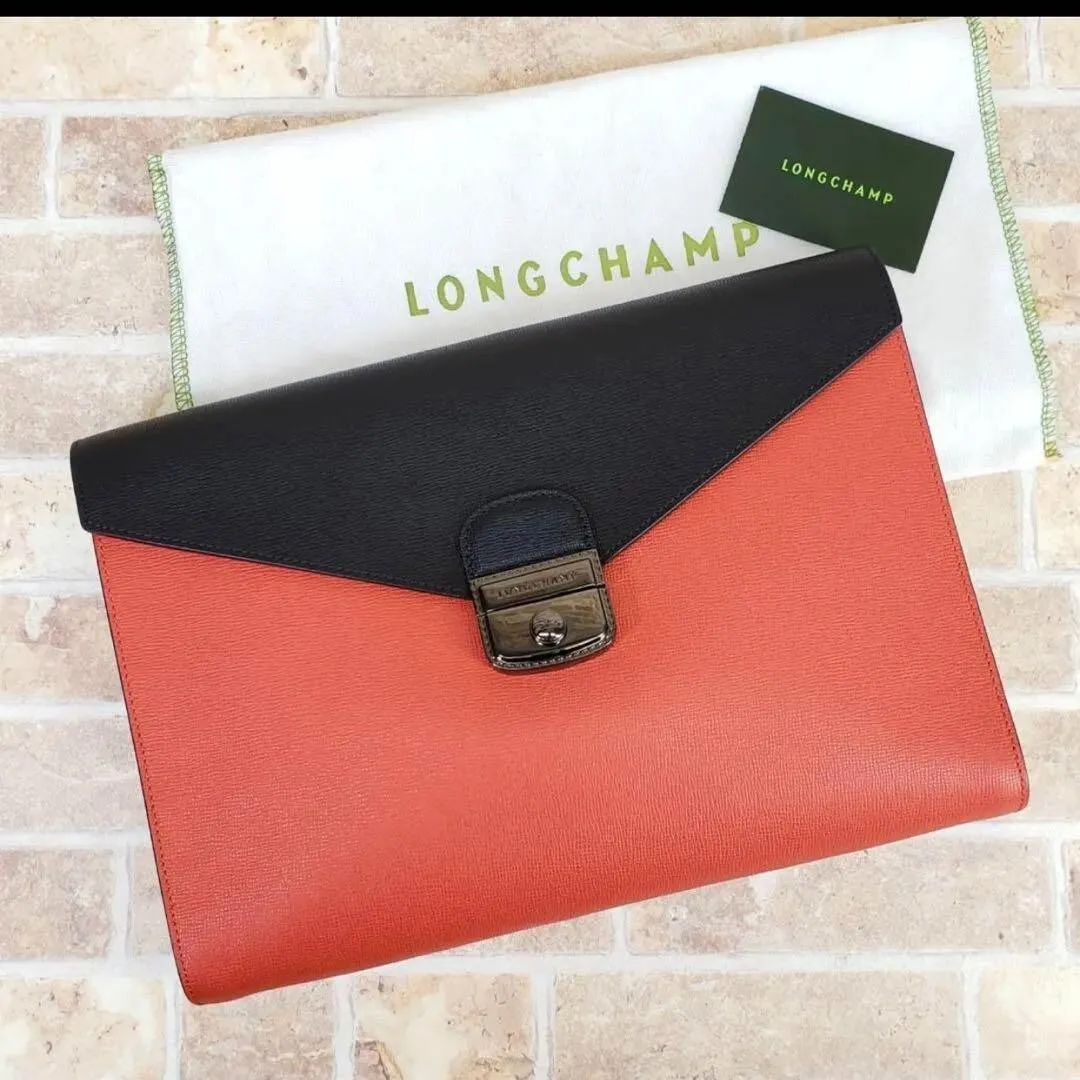 Auth Longchamp Le Pliage Heritage Leather Clutch Bag Tricolor Orange Black  Ivory