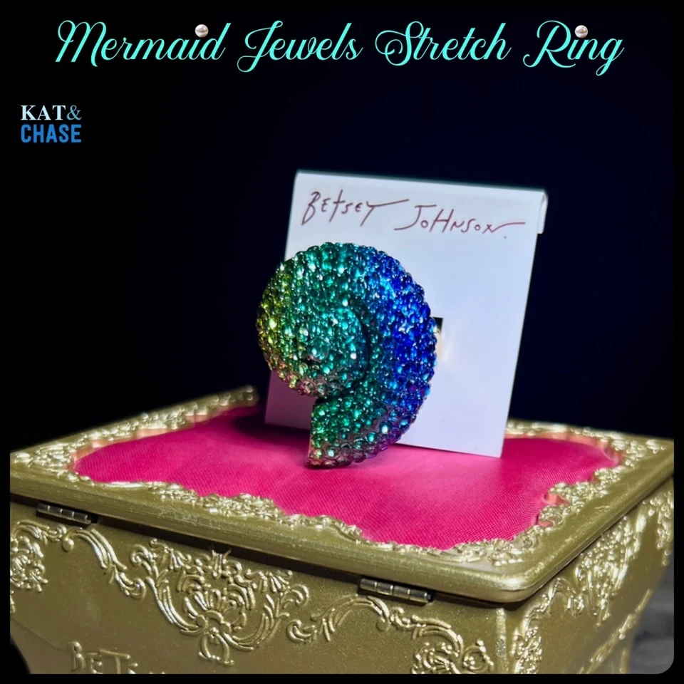 Betsey Johnson Joias Sereia Anel Elástico Concha Concha Azul Ombre Úrsula Ariel - Imagem 4 de 4