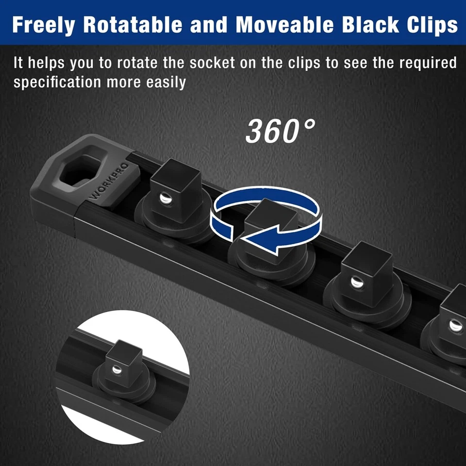 WORKPRO Magnetic Socket Organizer 3/8" Drive Aluminum Alloy Socket Rail 10 Clips - Image 4 of 4