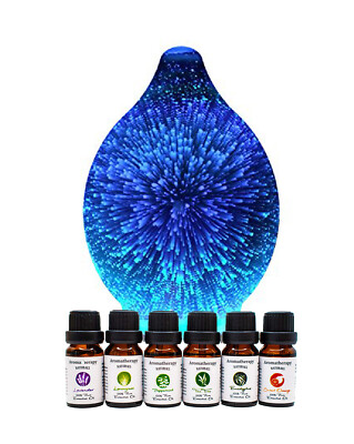 Ingeniuso Essential Oil Diffuser Ultrasonic 3D Glass 6 Changing Colors w 6 Oils