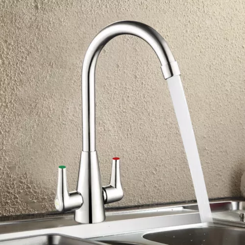 Modern Kitchen Mixer Tap Dual Lever Swivel Spout Mono Chrome Sink Taps Faucet - Picture 6 of 17