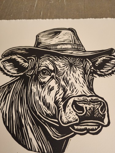 Linocut Estampado Tirado a Mano Vaca Titulada "Soy un Granjero" 2 Sin Marco - Imagen 2 de 7