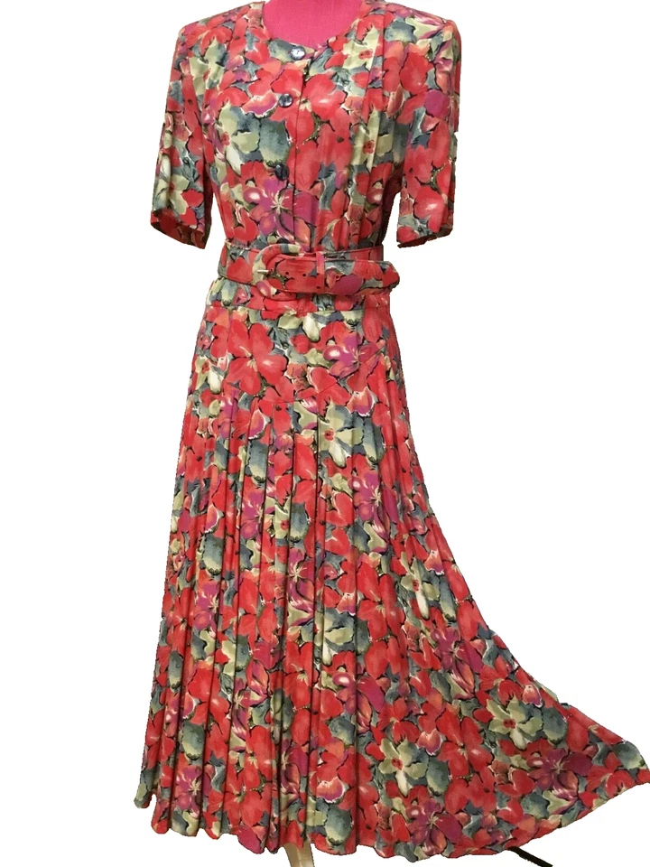 Vtg 80s ED MICHAELS MEL DRUCKER 11/12 Rayon ShirtDress Belted RedFloral 6-A388-3 - Image 2 of 4