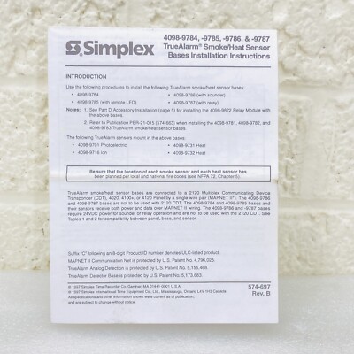 SIMPLEX 4098-9784 -9785 -9786 -9787 Smoke/Heat Sensor Installation Instructions