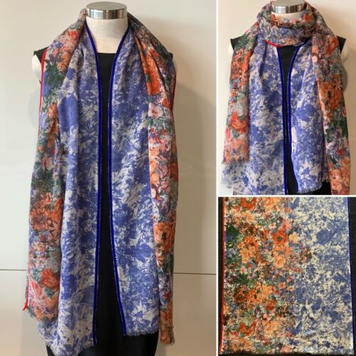 Natural,Red,Blue,Green 2 print Floral Scarf/Shawl, Velvet Ribbon Trim 69 x192cm  - Picture 1 of 9