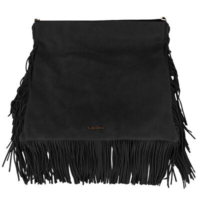 Baldinini Trend Elegant Suede Calfskin Fringe Crossbody Bag Black NWT