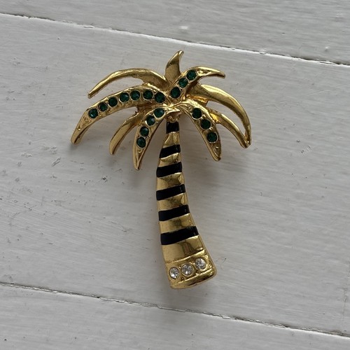 Vintage Palm Tree Pin Brooch Gold Tone Enamel Green Clear Rhinestone 2 ...