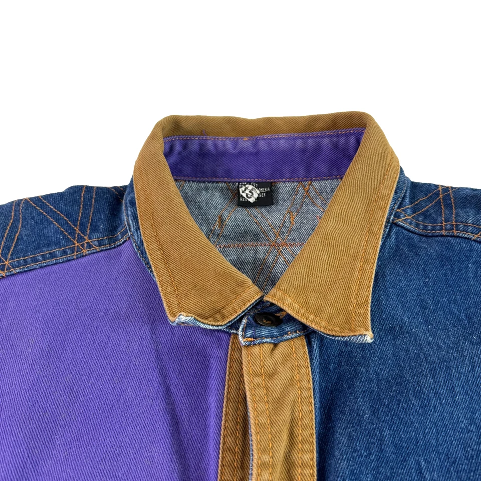 Vintage 90s BOXX Jeans CJ Two Brothers Denim Shirt Color Block Purple Tan XL - Image 2 of 4