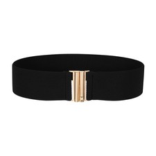 Wide Elastic Waist Belt with Square Metal Buckle, Black, 26.7" to 32.7"