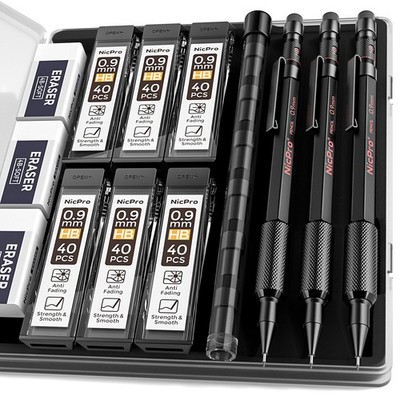 Nicpro 0.9 Metal Mechanical Pencil Set with Case, 3PCS Hevey Duty MP2000 Lead...