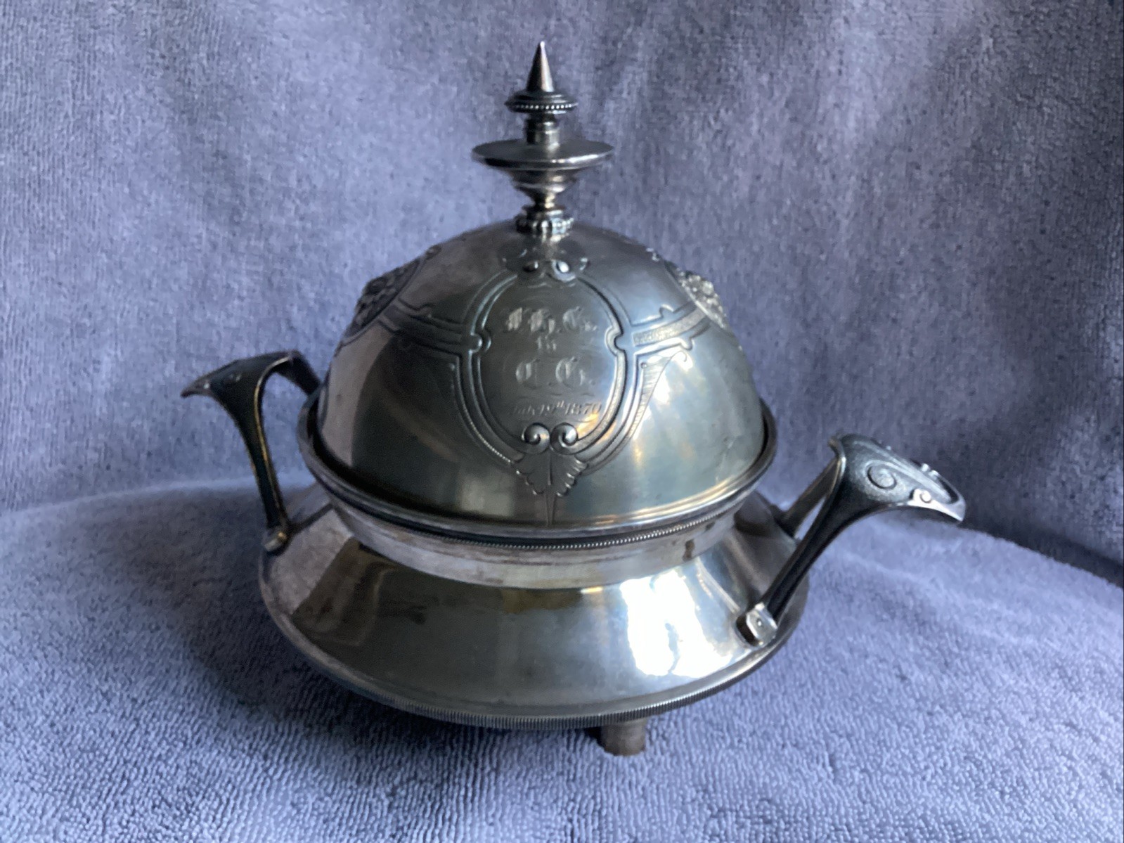 1870 WOOD & HUGHES Coin Silver Covered Butter Dish