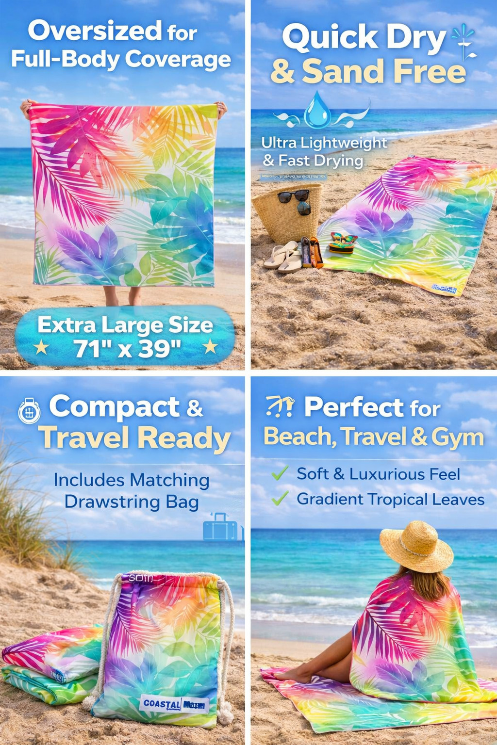 Extra Large Luxury Beach Towel XL 71x39 | Quick Dry | Sand Free | With Bag