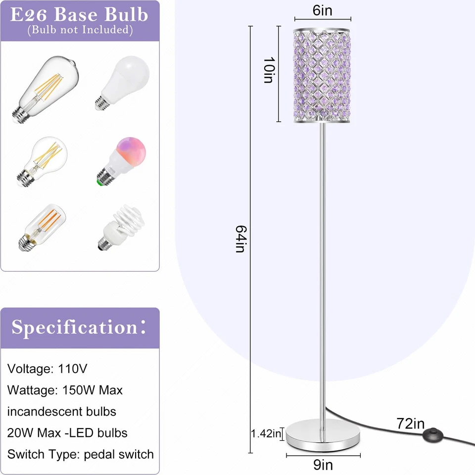 Lámpara de pie para dormitorio, lámpara de pie de cristal lavanda con pantalla glamurosa, elegante... Foto 3 de 4