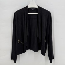 French Laundry Black Faux Suede Draped Open Front Jacket 1X Gold Zip Edgy Moto