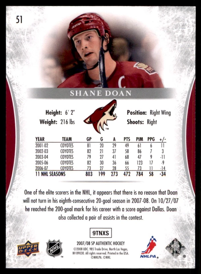 2007-08 SP Authentic Shane Doan Phoenix Coyotes #51 - Image 2 of 2