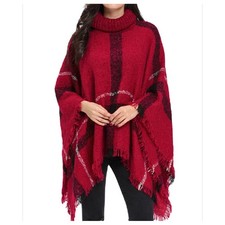 Turtleneck Poncho Knit Wrap with Tassels Red Buffalo Print Plaid