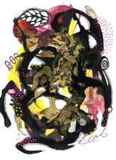 Mitak art signed original recycled watercolor paper COA gold glitter leaves