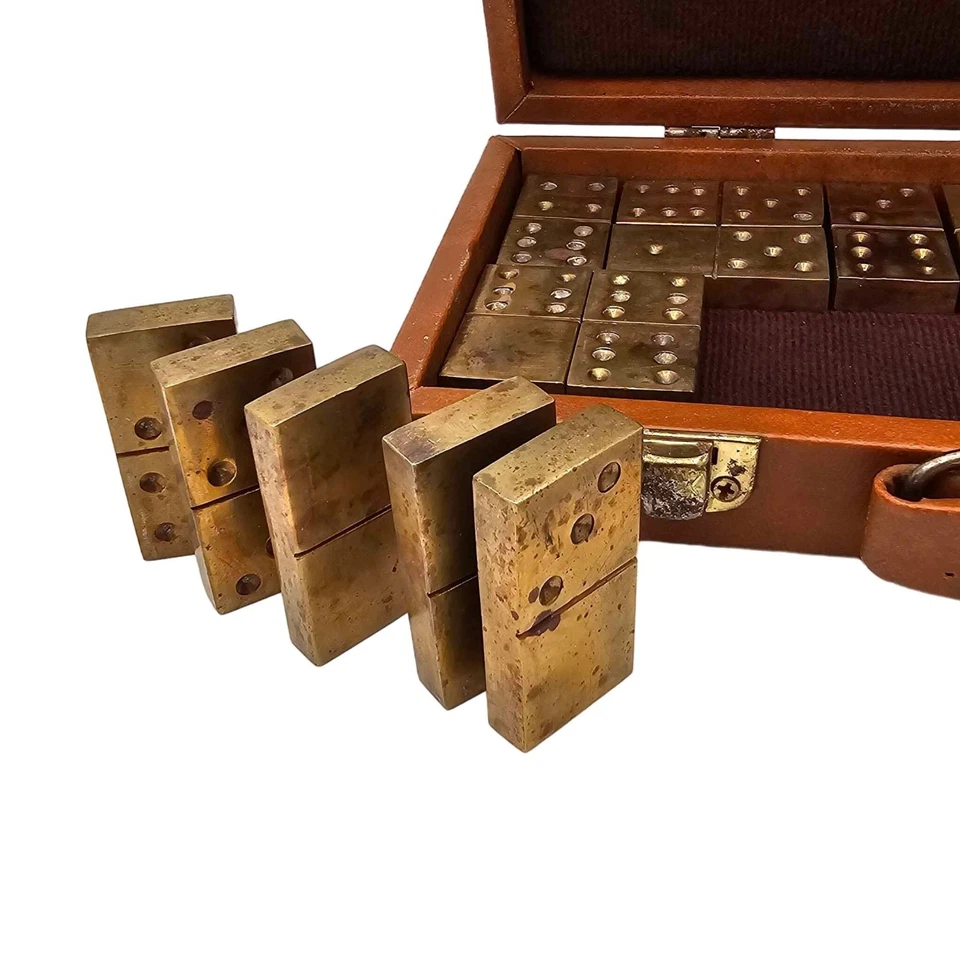 Vintage Brass Dominoes Set With Leather Case Bones Tiles 28 pieces 2oz 1.75in - Image 4 of 4