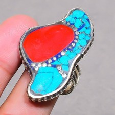 Red Coral Tibetan Turquoise Handmade Boho Nepali Jewelry Adjustable Ring SR 3390
