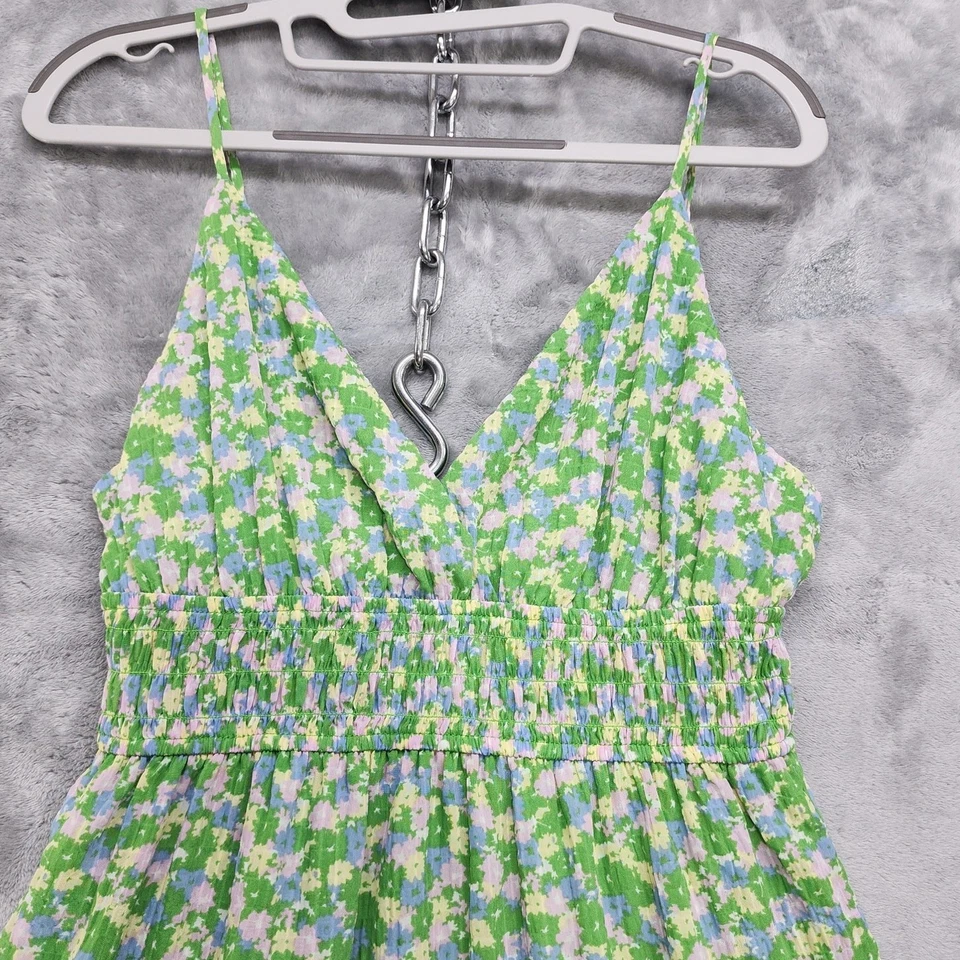 Speechless Dress Womens L Green Floral V-neck Smocked Waist Tiered Mini Stretch - Image 2 of 4