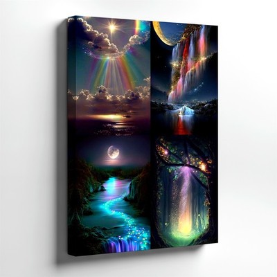 Wall Art Fantasy Landscape Print Celestial Waterfall Moon Forest Canvas Decor