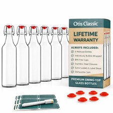 Classic Clear Swing Top Glass Bottles with Plastic Caps Set of 6 16oz