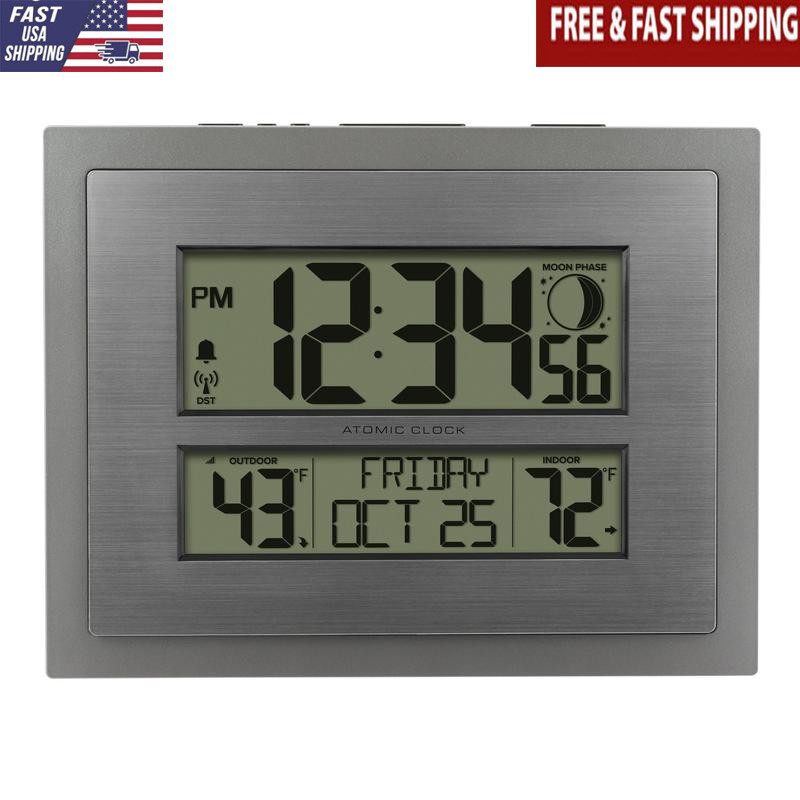Atomic Wall Clock Moon Phase Calendar Indoor Outdoor Temp Snooze Function New