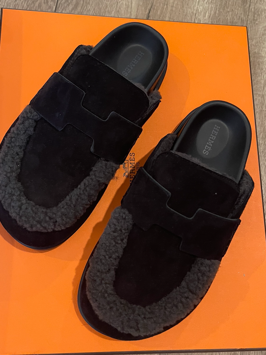 NEW Hermès Hermes Go Mule Mules Black Noir Shearling Suede