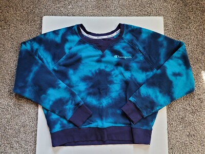 Champion Sweater Womens Large Blue Tie Dye Crop Top Sweatshirt D1