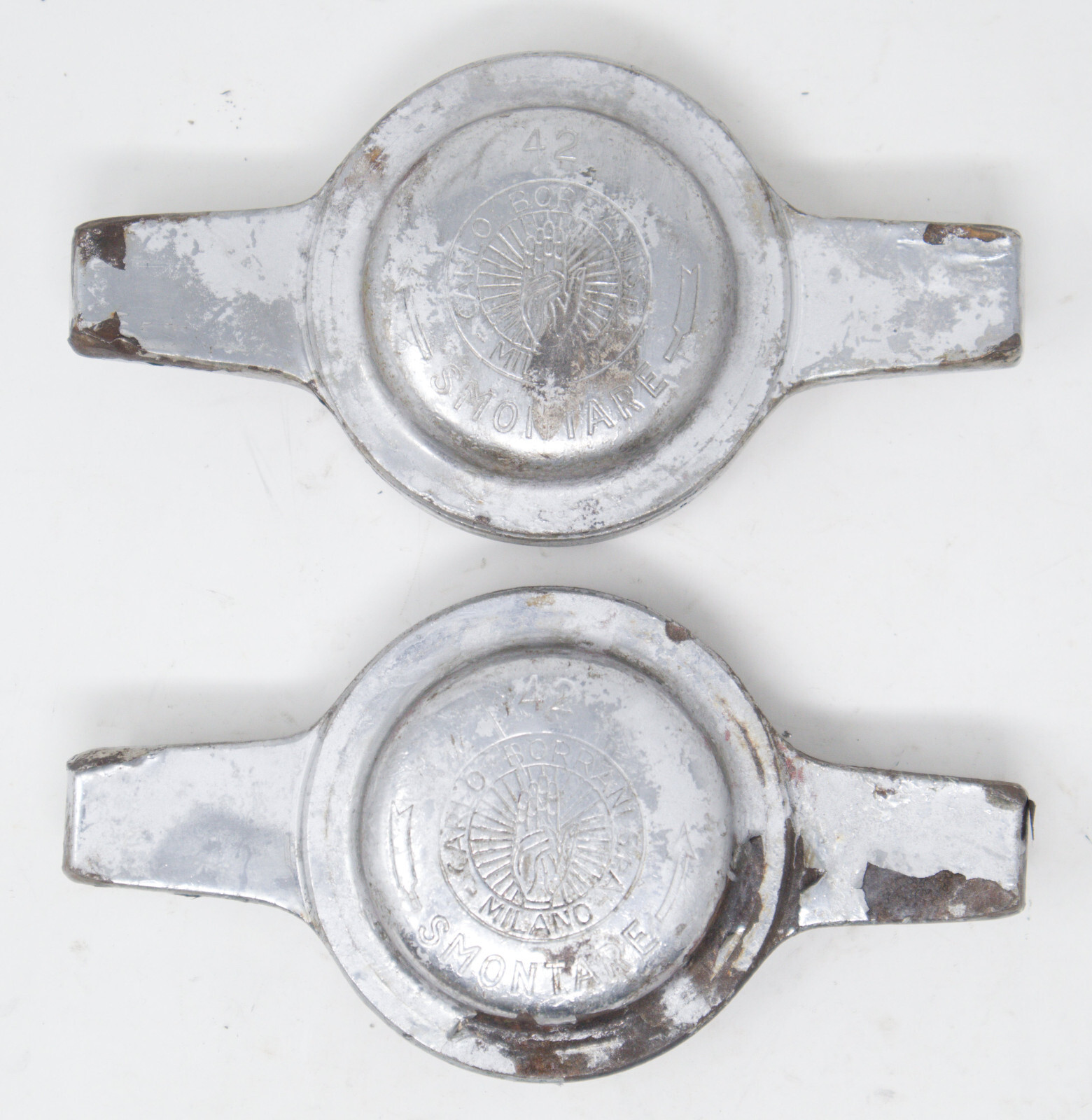 Pair original used Borrani spinner knockoff nuts 42 two ear Ferrari Alfa Romeo