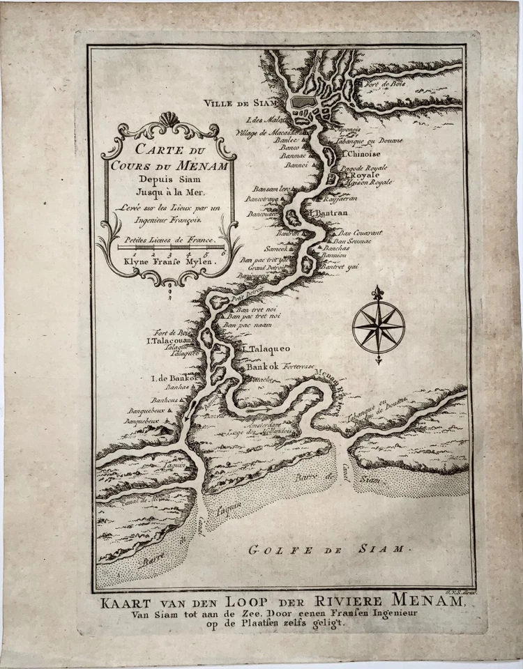 1755 Bellin; Schley, mapa del río Chao Phraya, Bangkok, Siam, Tailandia Foto 2 de 2