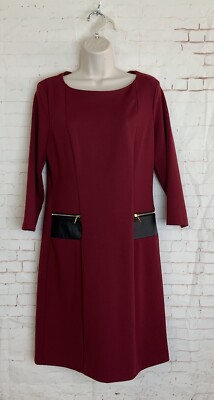 Sharagano Cherry Wine 3/4 Sleeve MIDI Dress Zip Pockets Size 10
