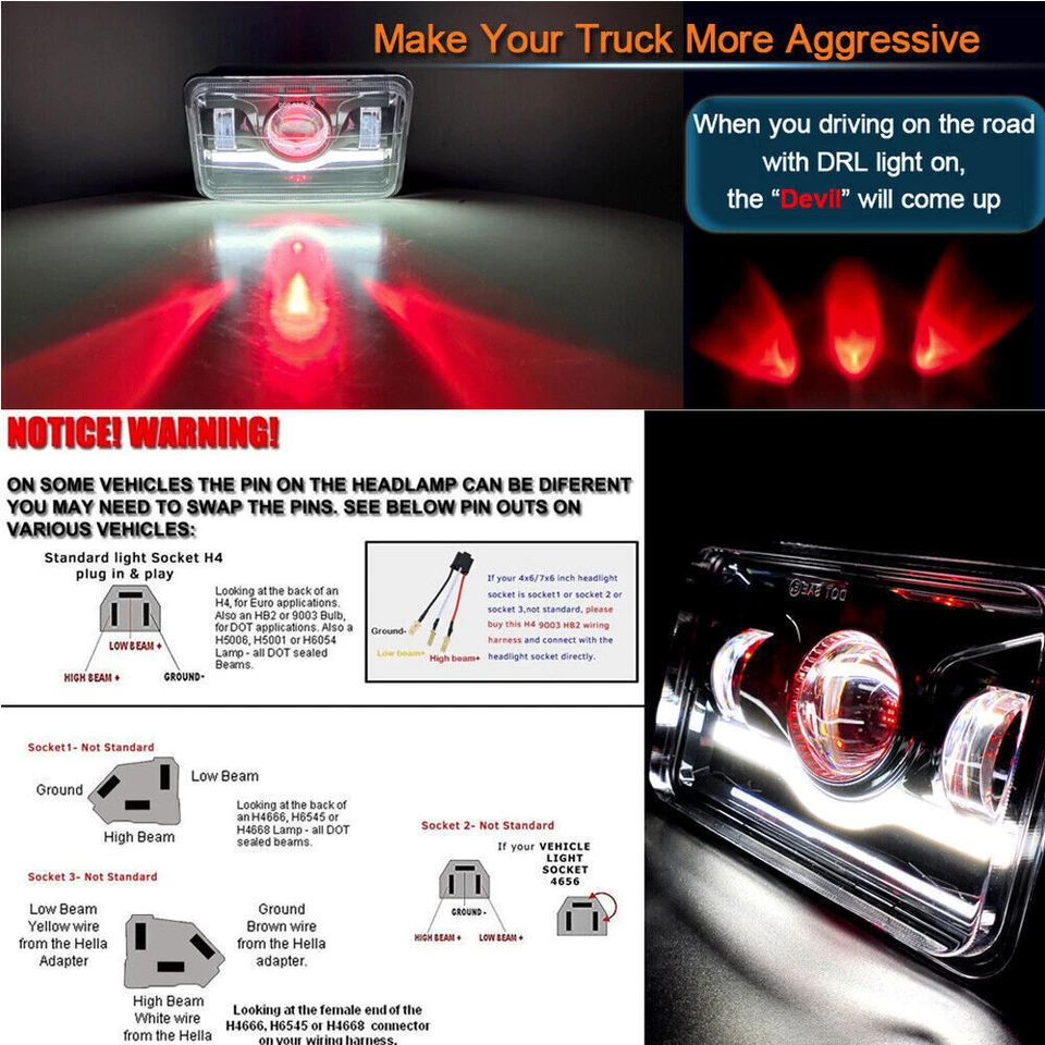 4PCS 4x6" LED Headlights Hi/Lo Beam DRL For 1976-1988 Oldsmobile Cutlass Supreme - Image 4 of 4